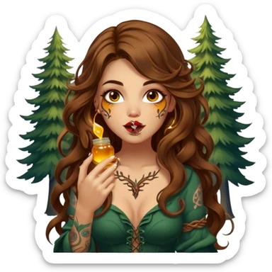 woman with long wavy brown hair, tattoos, forest mystic outfit, licking glowing honey from fingertip, flirty eyes sticker