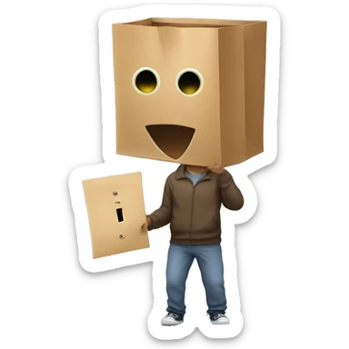  guy with a paper bag mask with eye holes on his head holding a light switch  sticker