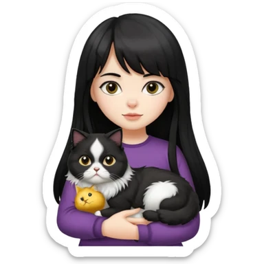a girl with nearly black long hair and bangs, carrying a fluffy black and white Persian cat sticker