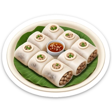 Cinematic Realistic B√°nh cu·ªën Dish Emoji, featuring steamed rice rolls filled with savory minced pork and mushrooms rendered with soft textures and inviting, warm lighting. sticker