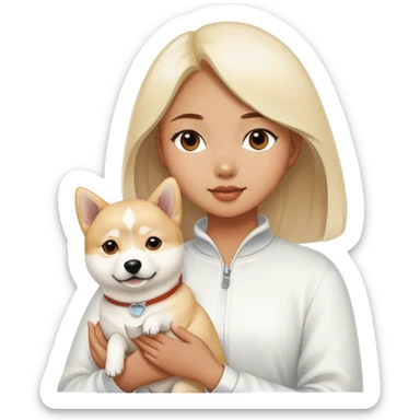 A beautiful girl holding a white Labrador and a white Shiba Inu sticker