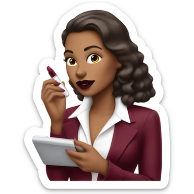 White brunette femme fatale dressed in burgundy putting lipgloss on her lips sticker