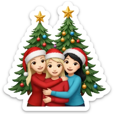 Generate Christmas-style emojis  family. Where light-skinned people stand near the tree all together, hugging and smiling. 2 girl should be Light-haired woman, 1 woman black-haired woman, and 1 man  sticker