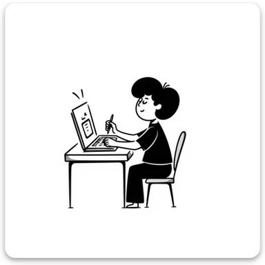 stick figure working on designs, drawing or using a laptop, hand drawn doodle style sticker