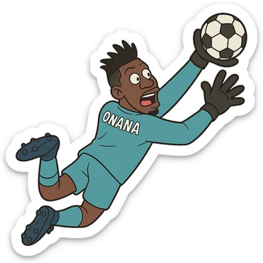 André Onana, cartoon illustration, diving to make a save, goalkeeper attire, lively and fun sticker