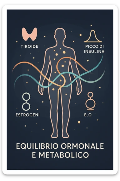 Il corpo è circondato da simboli delicati e bilanciati che rappresentano equilibrio ormonale e metabolico: piccoli cerchi, flussi energetici colorati, simboli stilizzati di tiroide, picco insulina, estrogeni. 4k immagine in italiano sticker