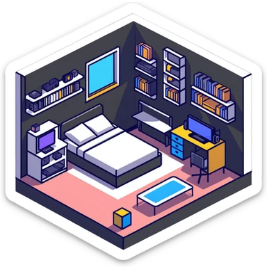 isometric view of teen bedroom layout with gaming setup, bed, and bookshelf sticker