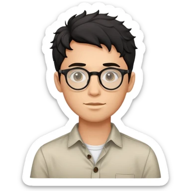 Torso view of young man with black wavy hair, round glasses, casual buttoned shirt, no tie sticker