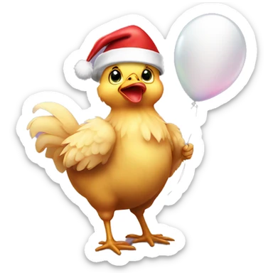 Baby chicken wearing Santa hat holding balloon sticker
