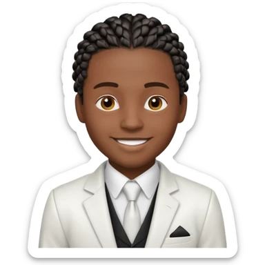 a young black guy with black cornrow braids wearing a full white suit sticker