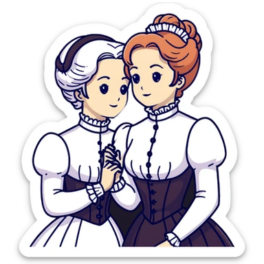 Two Victorian women embracing, one with white coiffed hair and one with copper coiffed hair, both with light eyes, wearing Victorian high-neck dresses sticker