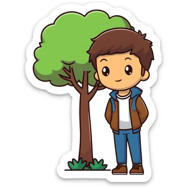 boy with brunette hair brown eyes and tree behind sticker