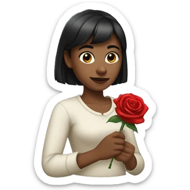 A women named rose, with dark hair bangs and holding a red red rose in one hand sticker