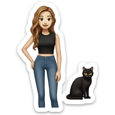 Skinny white women with long brown hair parted in the middle with a black crop top and baggy jeans holding a tabby cat sticker