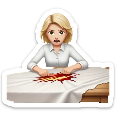 White woman ripping a white tablecloth off of a wooden table in anger sticker
