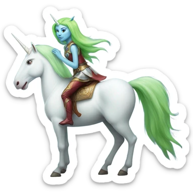 [
	{ a light green Amazon alien woman [ with red hair, with blue eyes]} 
	on a 
	[{ unicorn: white, legged:six, mane: light blue }] sticker
