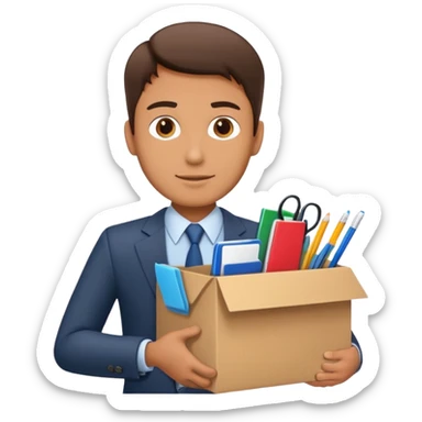 I want an emoji that represents moving out of the office. It's like a businessman with a cardboard box with box office utilities inside of the box. sticker