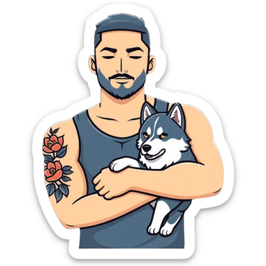 Tattooed arms man hugging a husky sticker