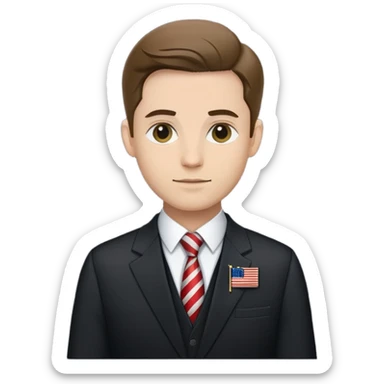 A diplomat in a formal suit with a briefcase and flag pin on lapel sticker