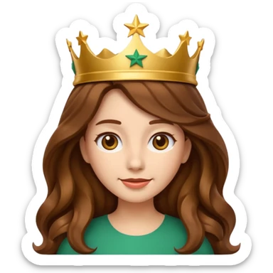 Apple style 3D emoji of a young woman inspired by the Starbucks logo. She has long wavy hair on both sides, a crown with a star on her head, and a soft smile. Smooth, shiny, simple emoji look. sticker