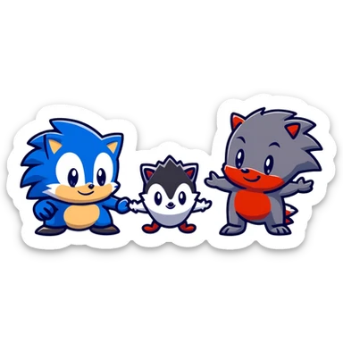 Sonic the blue hedgehog, Shadow the black and red hedgehog, and baby Silver the white hedgehog holding hands together in a line sticker