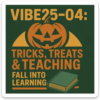 Create a logo that uses both of these images.  Words should read "VIBE25-4: Tricks, Treats & Teaching, Fall into Learning" sticker