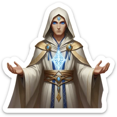 Clash of Clans aesthetic friendly Mage Portrait Emoji, With an enigmatic, slender build draped in flowing mystical robes adorned with arcane symbols, piercing eyes and a determined aura, his face rendered in a natural skin tone (not yellow), Simplified yet sharply defined features, highly detailed, glowing with a cool, otherworldly radiance, high shine, wise and resolute, stylized with an air of ancient sorcery, focused and mystical, soft glowing outline, capturing the essence of a powerful mage ready to unleash enchanted spells on epic adventures! sticker