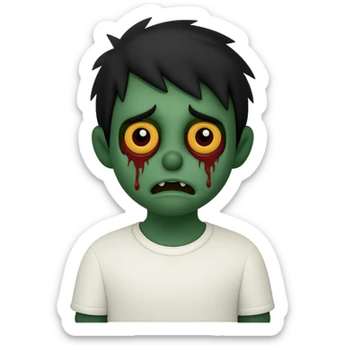 Add green skin to the spooky zombie boy with black shaggy emo hair, creepy expression, wearing a white shirt, no background, in emoji style. sticker