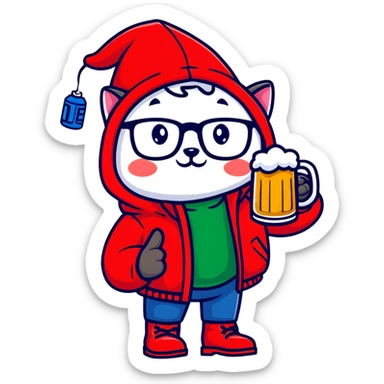 Catfish wearing a red hooded winter jacket, round glasses, blue jeans, red boots, holding a beer can with red label sticker