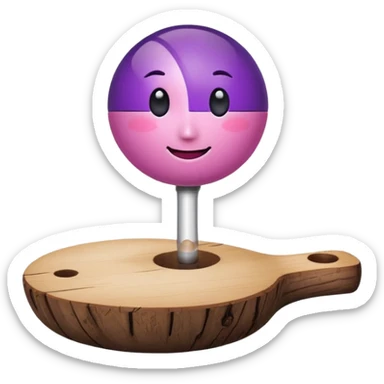 A half pink half purple ball with a face wooden stem followed by a glass stem on top of the wood stem tilted 90 degrees sticker