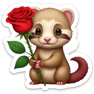 A ferret holfing a red rose sticker