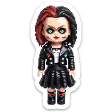 doll version of Chucky's bride in black dress, black leather jacket, heavy dark makeup sticker