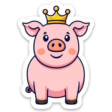 cute pig with a golden crown, chunky, colorful, simple, playful sticker