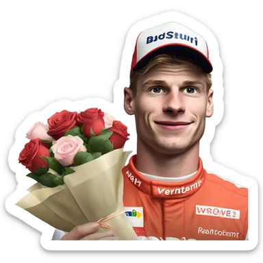 realistic photo of max verstappen holding roses and chocolates sticker