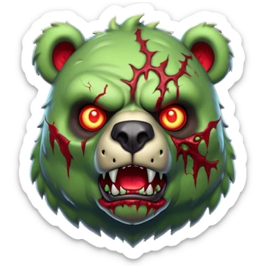 zombie bear portrait, head and shoulders only, cracked skin, stitched scars, glowing red-green eyes, powerful undead beast vibe, 3D cartoon, mobile game icon style, clean background, no text, no watermark
 sticker
