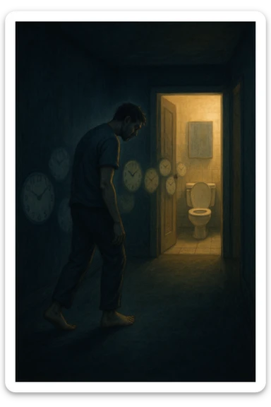 In una scena notturna onirica, un uomo cammina a piedi nudi in un corridoio buio verso un bagno illuminato, ripetutamente. Dietro di lui, come in una scia, ci sono orologi sfocati che simboleggiano il sonno interrotto. Ogni passo è lento, stanco, come se il corpo chiedesse riposo ma la vescica non lo permettesse. sticker