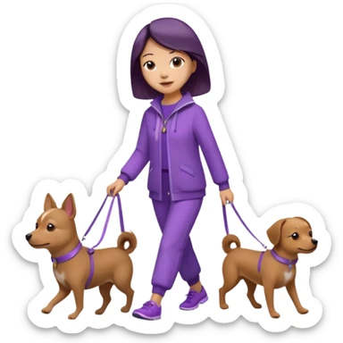 Chinese woman wearing purple outfit walking one small brown dog sticker