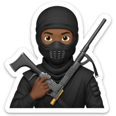 A black male in a ninja mask with a gun sticker