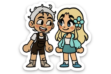 Create a couple image of these two cartoon characters standing side by side, both with flirty expressions, matching their style, transparent background. sticker