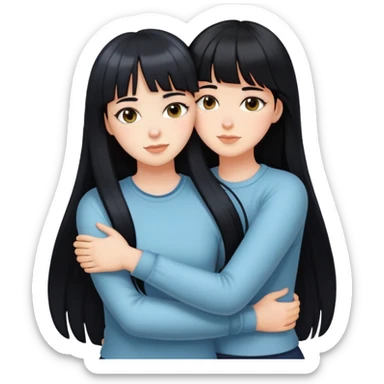 two white girls with long black hair hugging, one girl has bangs sticker