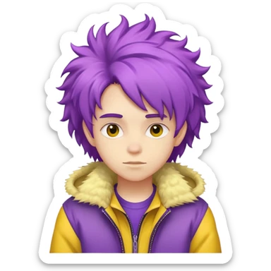 A teen with purple fluffy hair and a yellow jacket sticker