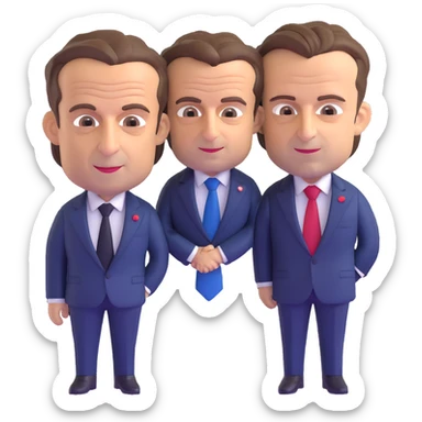 3D chibi caricature of Nicolas Sarkozy and Emmanuel Macron, standing together, oversized heads, small realistic bodies, navy suits, Sarkozy with blue tie, Macron with red tie, realistic faces, soft lighting sticker