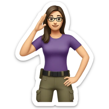 a caucasian brunette female, wearing a purple t-shirt and glasses, making the military salute gesture with one hand next to her head and the other one on her waist sticker