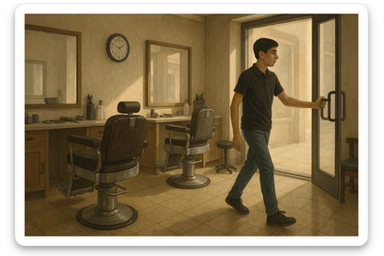 Shu odamni sartaroshxonaga kirib kelayapti  o'smirin davri rakurs ichkaridan sartaroshxona eski ham yangi ham emas bolani juda semiz qilib yuborma  u ozg'inroq bo'lsin huddi sartaroshxonani  hammadan oldin kelib ochsin sticker