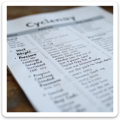 hyperrealistic 4K close-up of cycle monitoring table with columns: 'Week, Weight, Pressure, Tests, Notes', handwritten data, detailed sticker