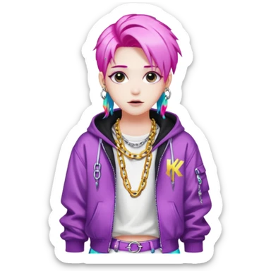 ghost-portrait-of-in-kpop-style,-wearing-flashy-streetwear-outfit,-colorful-dyed-hair,-confident-pose,-accessorized-with-chains- sticker