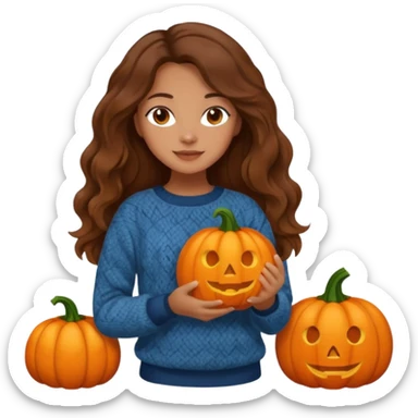 Cozy mixed girl with long wavy brown hair dressed for fall holding a pumpkin  sticker