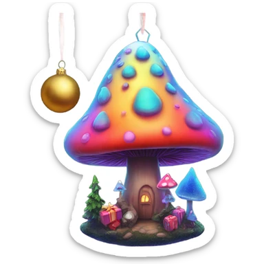 Psychedelic Christmas tree with a giant mushroom ornament sticker