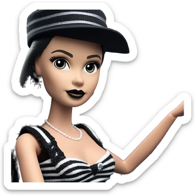 Bouclé Beauty Lingerie Barbie, Wednesday Addams from academy, in dark-gray and black striped outfit with hat. Driving 1965 Mercedes 190 sticker