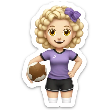BLONDE GIRL WITH WHITE COMPLEXION WITH CURLERS PLAYING FOOTBALL SMILING WITH BRAIDS WITH LILAC AND BLACK T-SHIRT WITHOUT STRIPES FULL BODY WITH A BALL sticker
